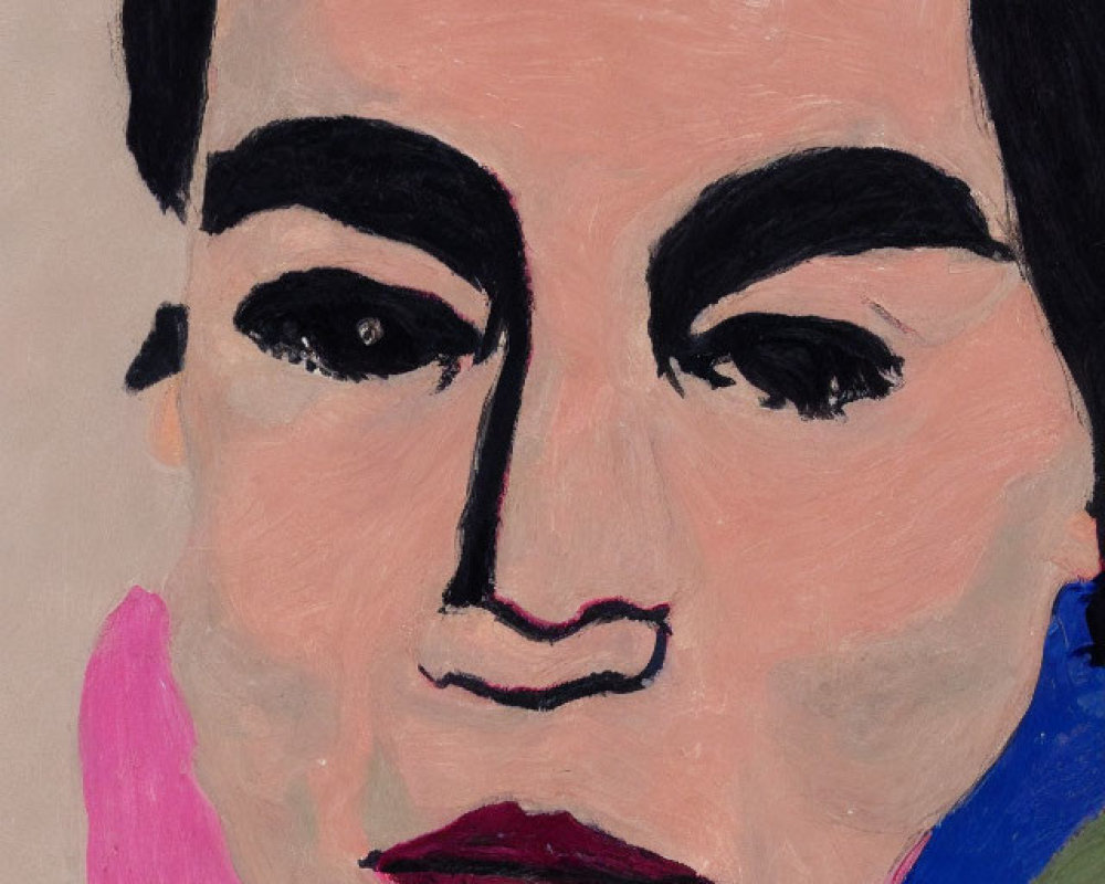 Colorful abstract portrait with bold eyebrows and lips.