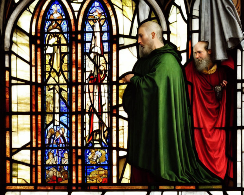 Stained Glass Figures in Green and Red Against Elaborate Window Background