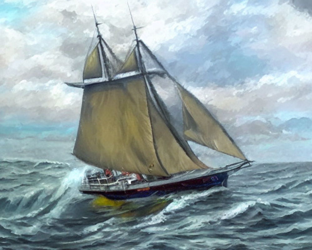 Sailboat with taut sails navigating choppy seas under stormy sky