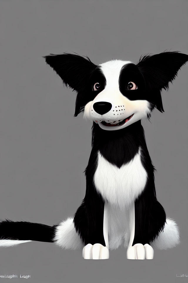 Cartoon-style black and white dog illustration with large ears and expressive eyes