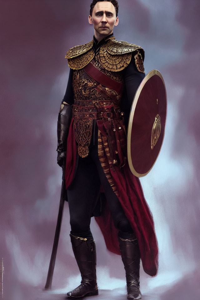 Elaborate Medieval Armor with Gold Accents and Red Cape on Purple Background