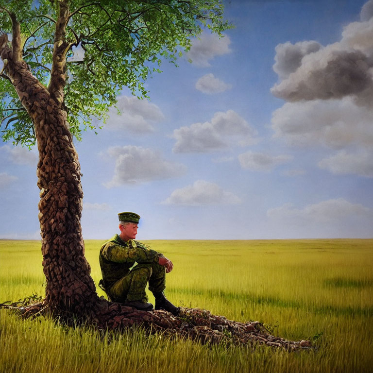 Military personnel in uniform sitting under tree in grassy field, contemplating horizon.