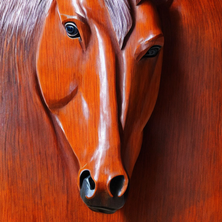 Intricately Carved Wooden Horse Head Relief with Flowing Mane