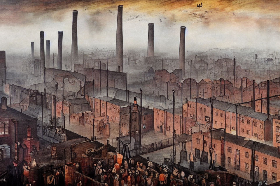 Industrial landscape with smokestacks, factories, and polluted sky in reddish-brown palette