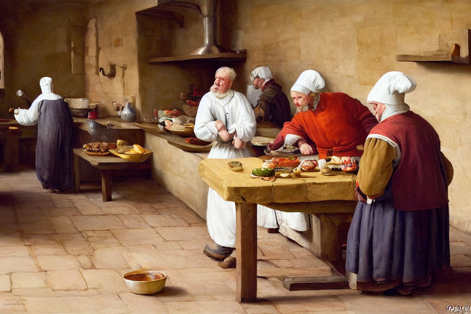 Traditional Kitchen Scene with Cooks and Diners in Period Attire