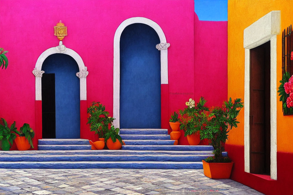 Colorful Street Scene with Pink Wall, Blue Arched Doorways, and Potted Plants