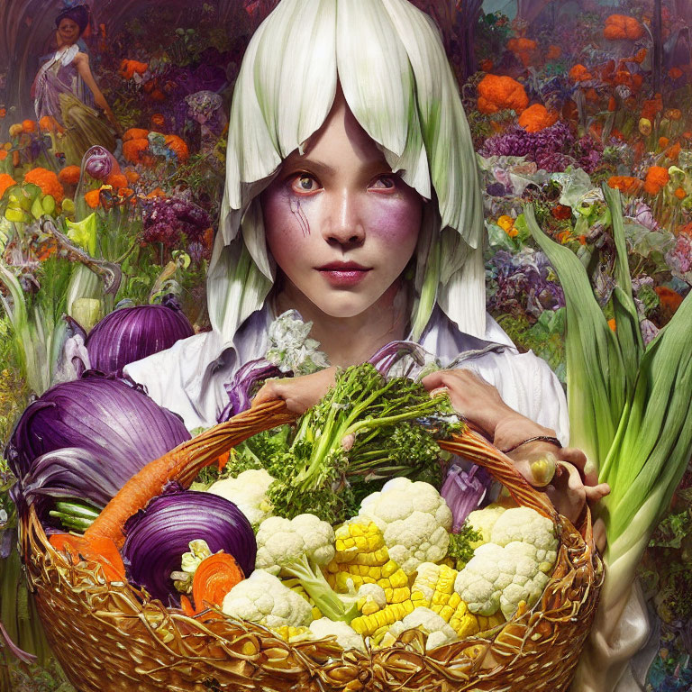 Fantastical figure with white petal hair holding colorful vegetables in lush garden