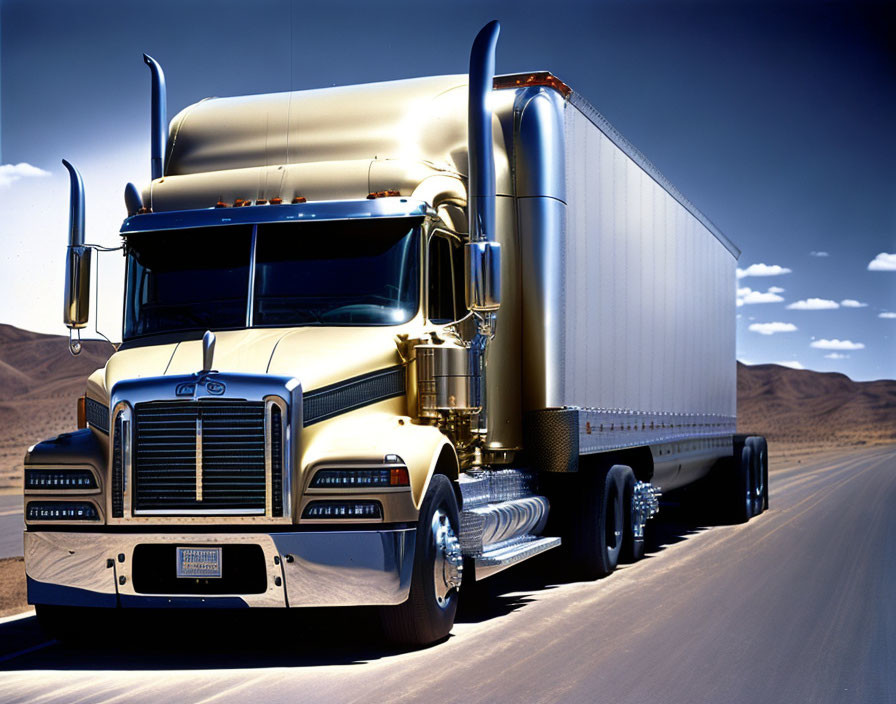 Shiny silver semi-truck with large trailer on desert road