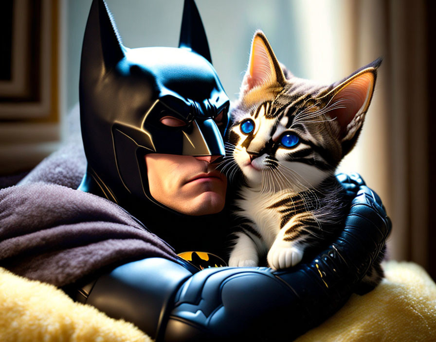 Person in Batman costume cuddling cute tabby kitten with blue eyes