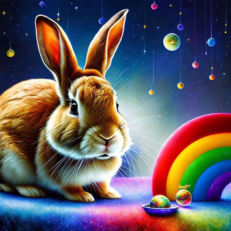 Colorful Rabbit Artwork with Cosmic Elements and Planets in Starry Space