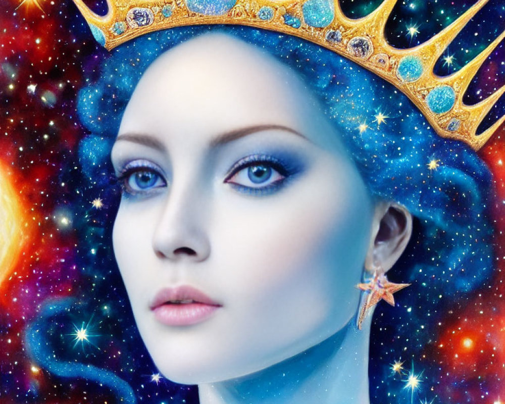 Cosmic-themed woman with glittering crown and star earring in starry space.