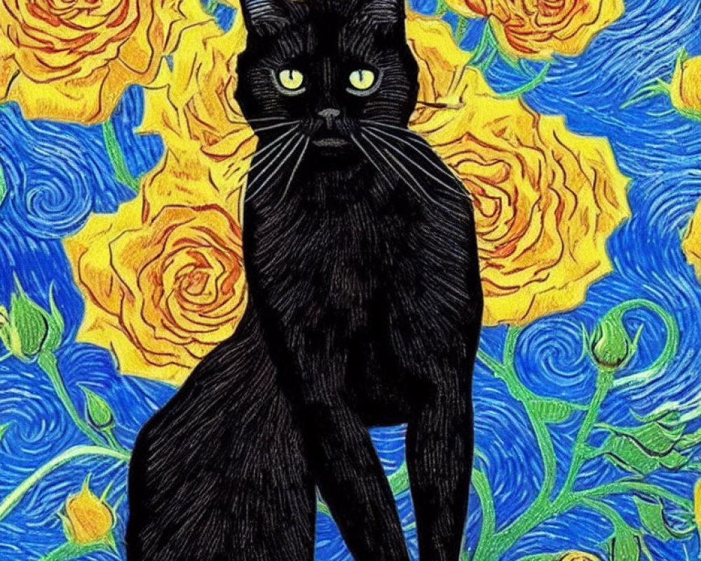Black cat with green eyes on blue and yellow swirl background