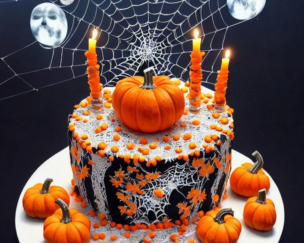 Spooky Halloween cake with spider webs, pumpkins, and candles