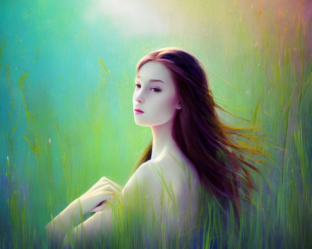 Long-haired woman in tall grass against multicolored backdrop