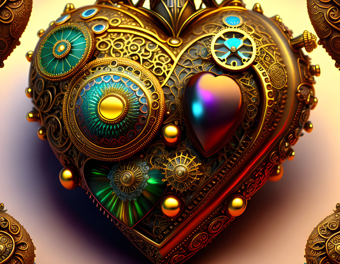 Steampunk-inspired heart with metallic gears and filigree in golden tones