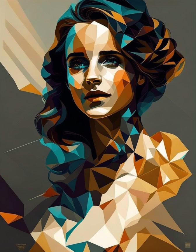 Geometric-patterned portrait of a woman in brown, orange, and blue.