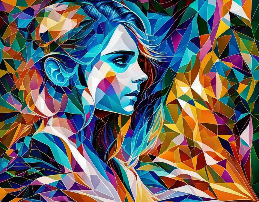 Vibrant digital artwork: Woman's profile with abstract geometric patterns