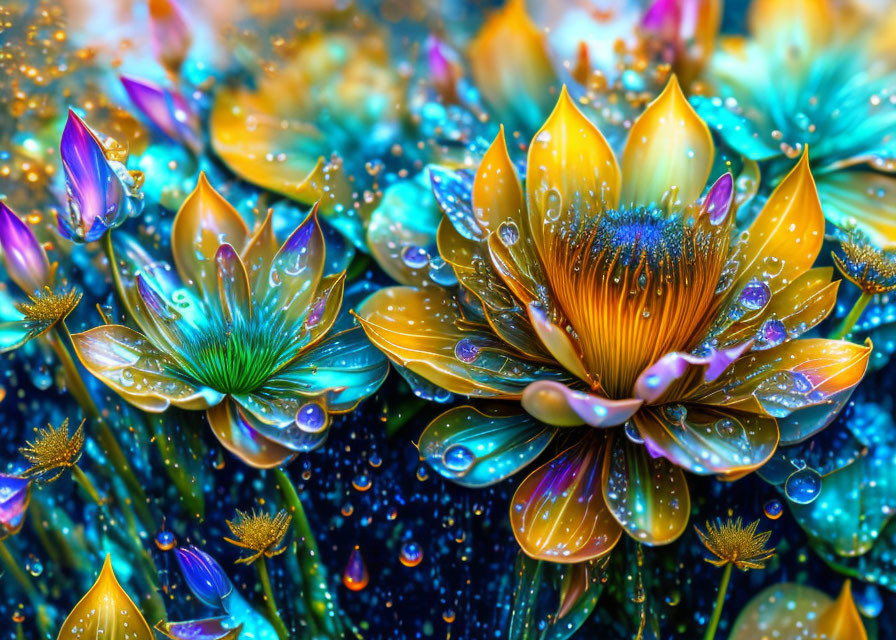 Fantastical flowers in blue, orange, and yellow with luminous petals