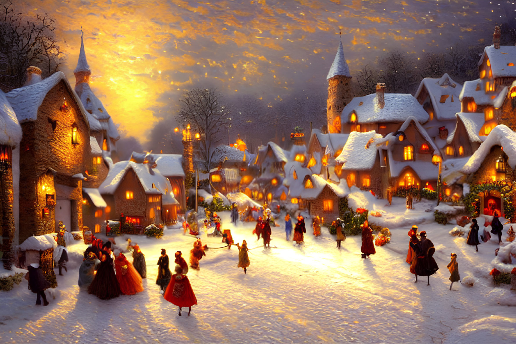 Snow-covered village at twilight with festive square gathering