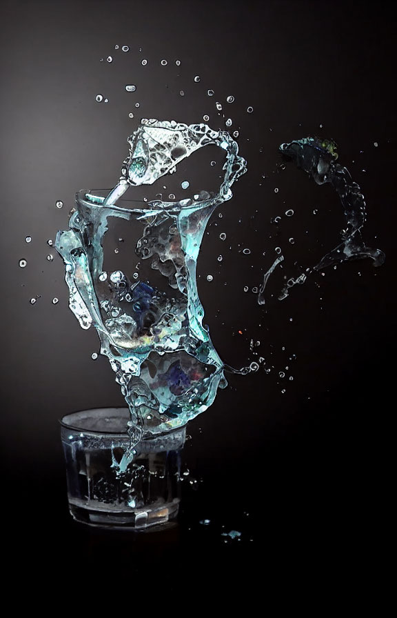 High-speed photo of water splash with glass mid-air above tumbler