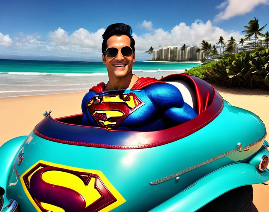 Man with bright smile driving vintage turquoise car with Superman branding on sunny beach