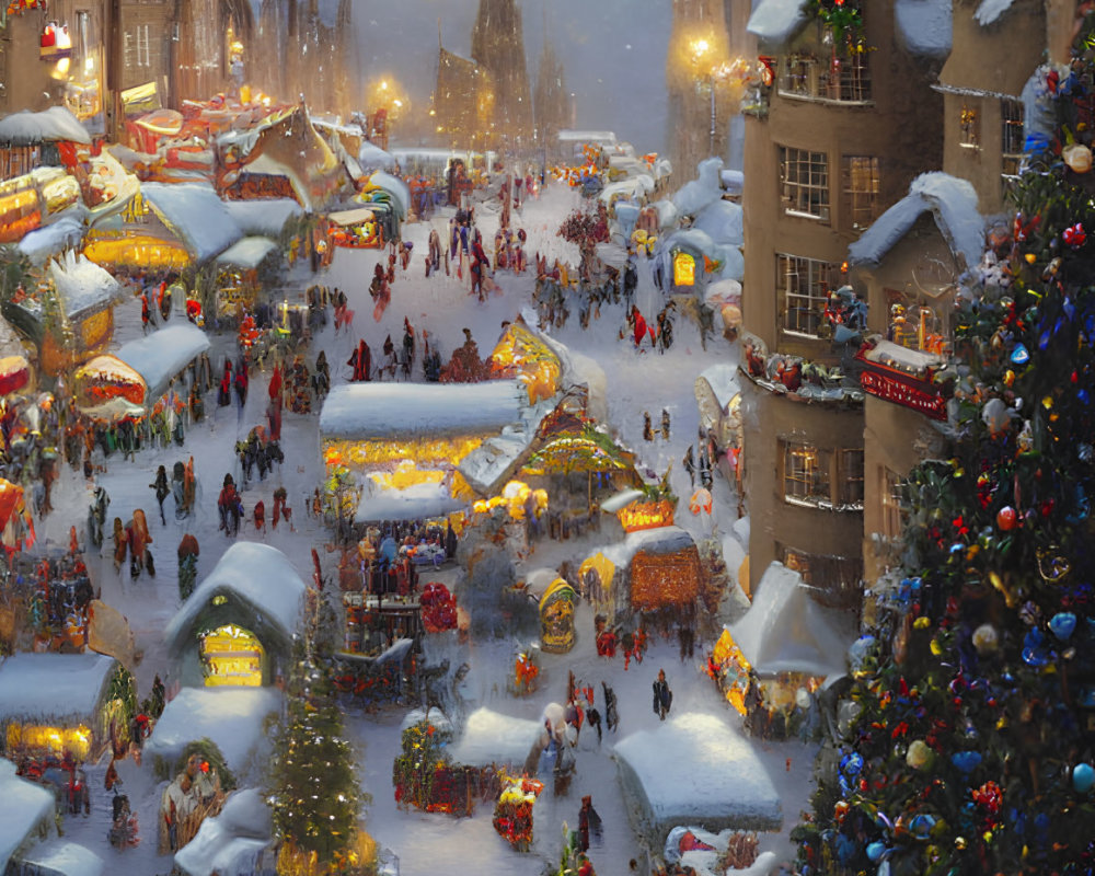 Festive Holiday Market at Dusk with Snowfall and Christmas Trees