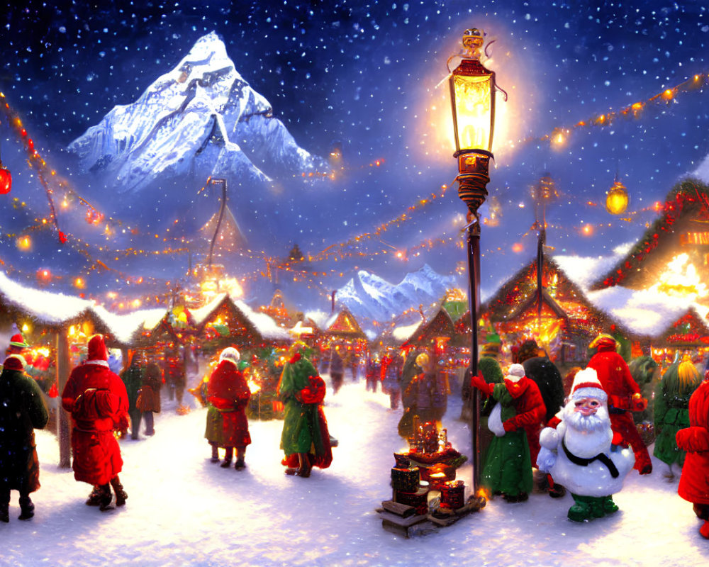 Festive Christmas Market Night Scene with Snowy Mountain