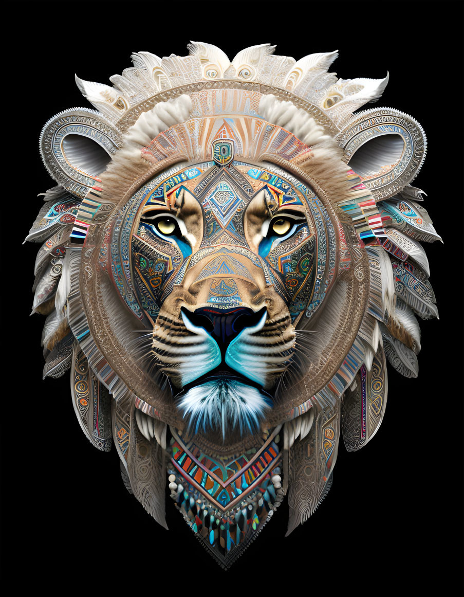 Symmetrical tribal lion illustration with vibrant patterns on black background