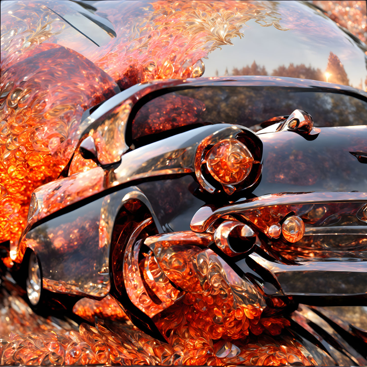 Vintage Car with Shimmering Bubble-Like Textures Reflecting Forest Environment