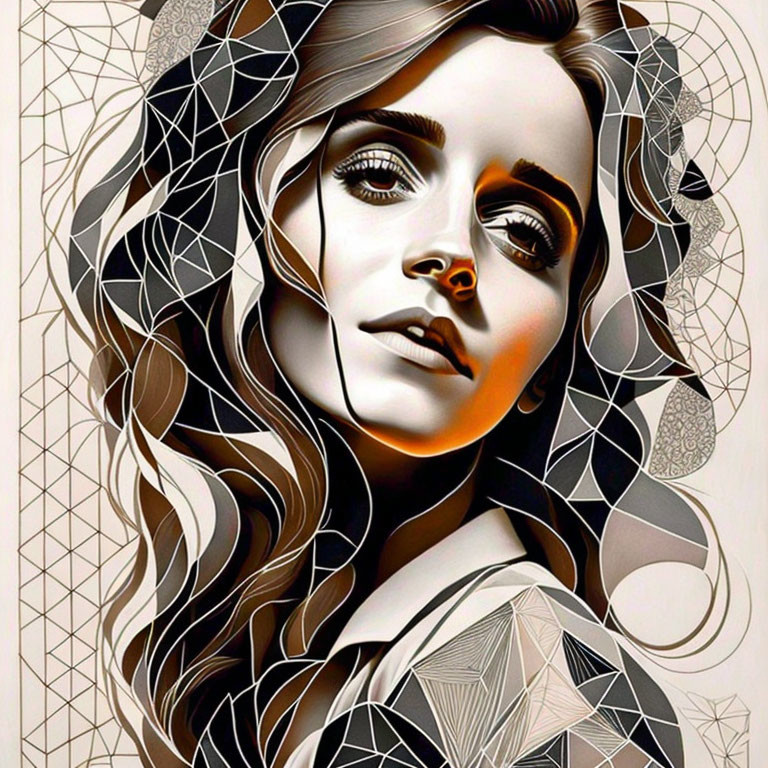 Detailed geometric linework merging with woman's image.