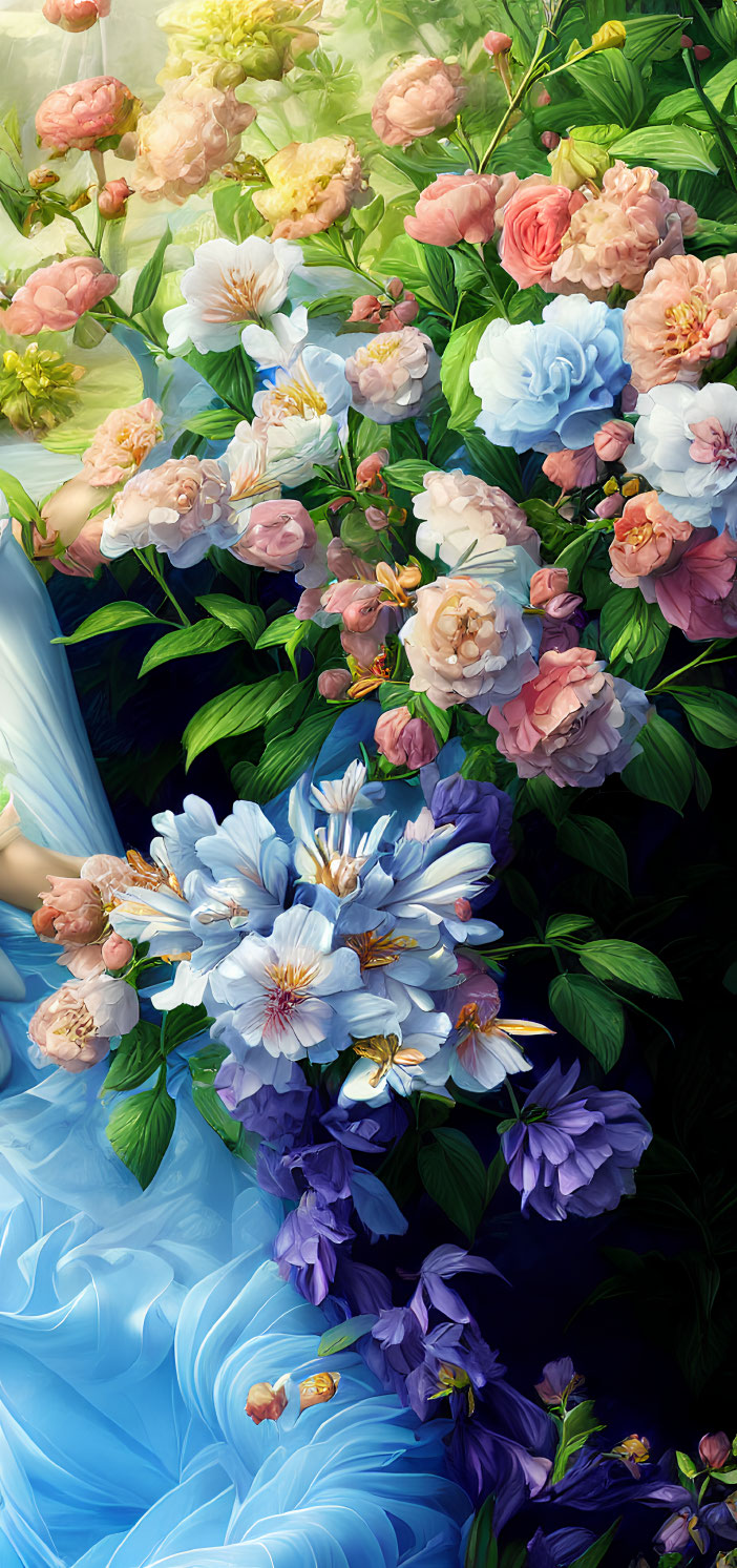 Colorful Flowers with Blue Fabric in Floral Scene