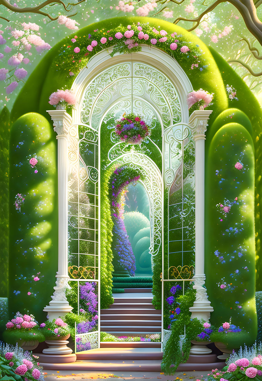 Enchanting garden gateway with lush green hedges and blooming flowers