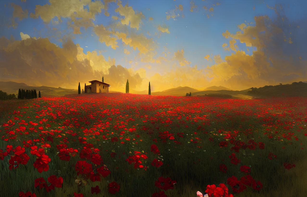 Panoramic sunset view of vibrant poppy field with rustic house and cypress trees