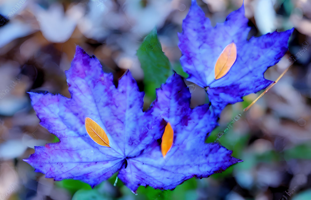 Three vivid purple flowers with orange-yellow centers on blurred natural backdrop