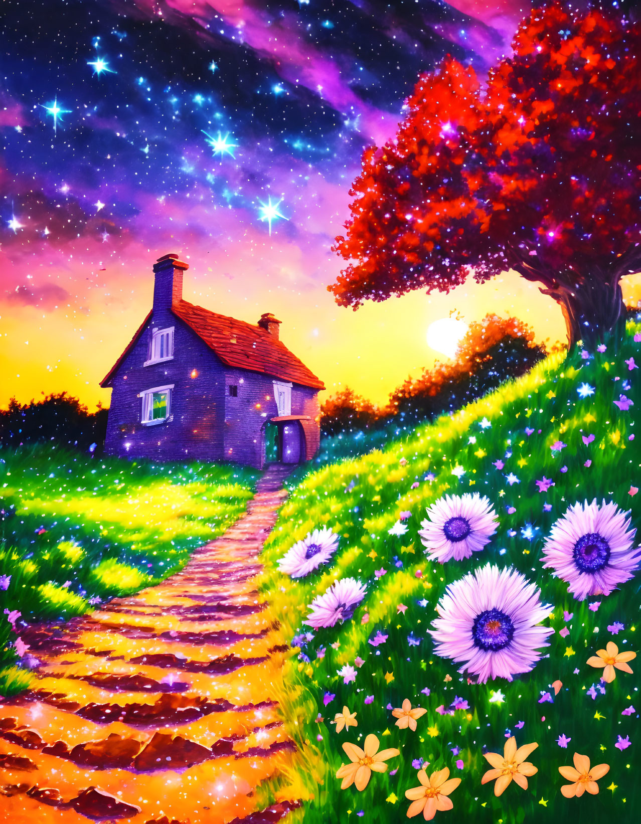 Colorful illustration: Quaint house on flowery hill under twilight sky