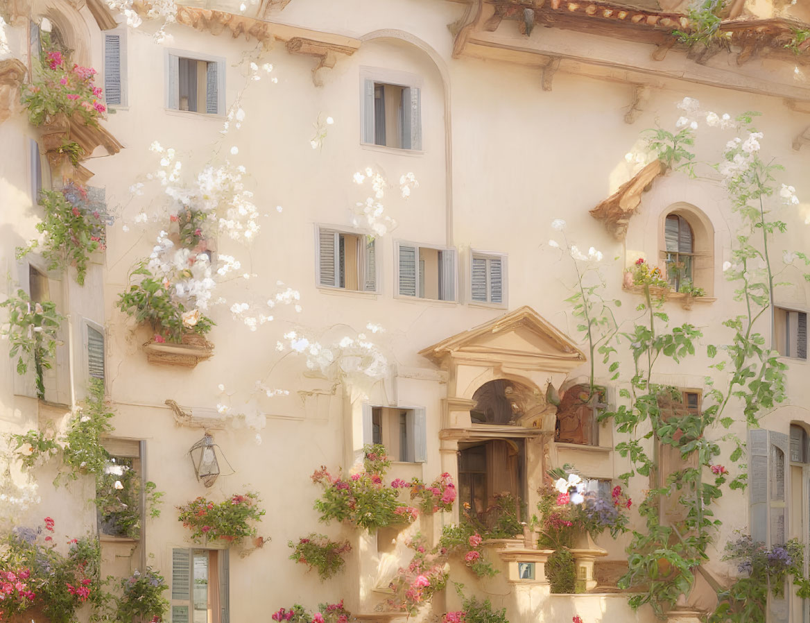 Sunlit View of Charming Old Building with Blooming Flowers