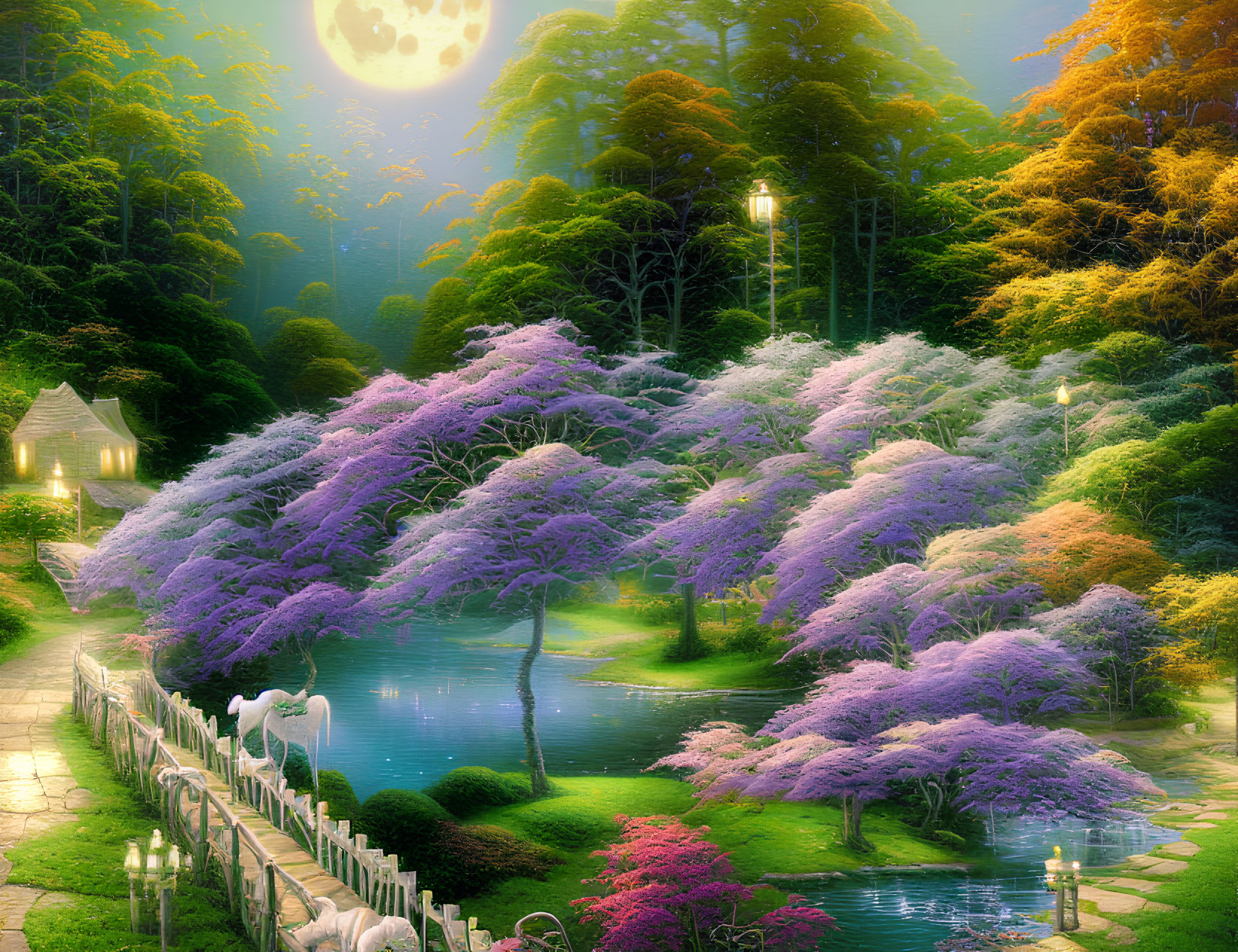 Tranquil garden at dusk with purple trees, full moon, lantern-lit pathways, and serene