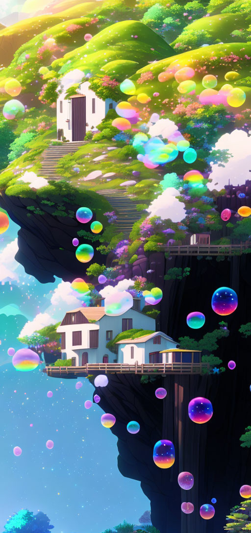 Colorful trees, floating bubbles, and houses on cliffs in vibrant landscape