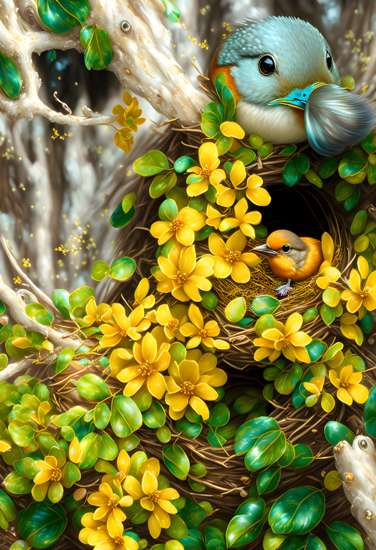 Colorful bird illustration with yellow flowers, green leaves, and whimsical features.