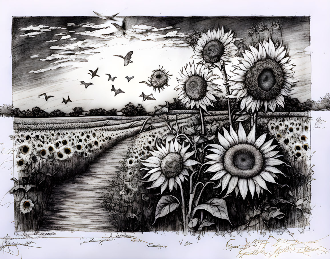 Scenic monochrome sketch of sunflower field with pathway, birds, and cloud patterns