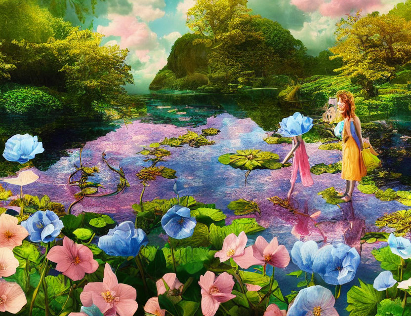 Fantasy landscape with two girls, oversized flowers, river, sunny sky