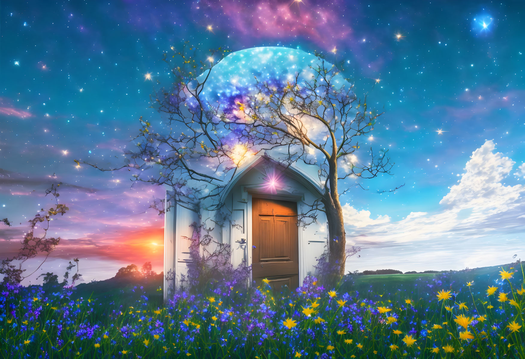 Surreal landscape: door in tree trunk, flowers, starry sky, sunrise, cosmic backdrop