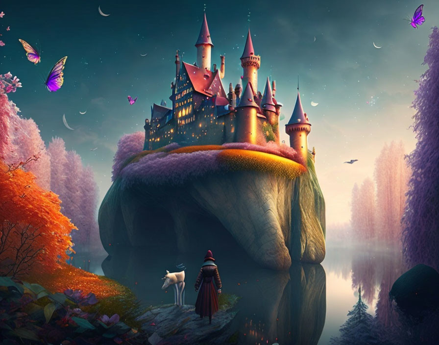 Fantasy castle on rock with cloaked figure, dog, and butterflies.