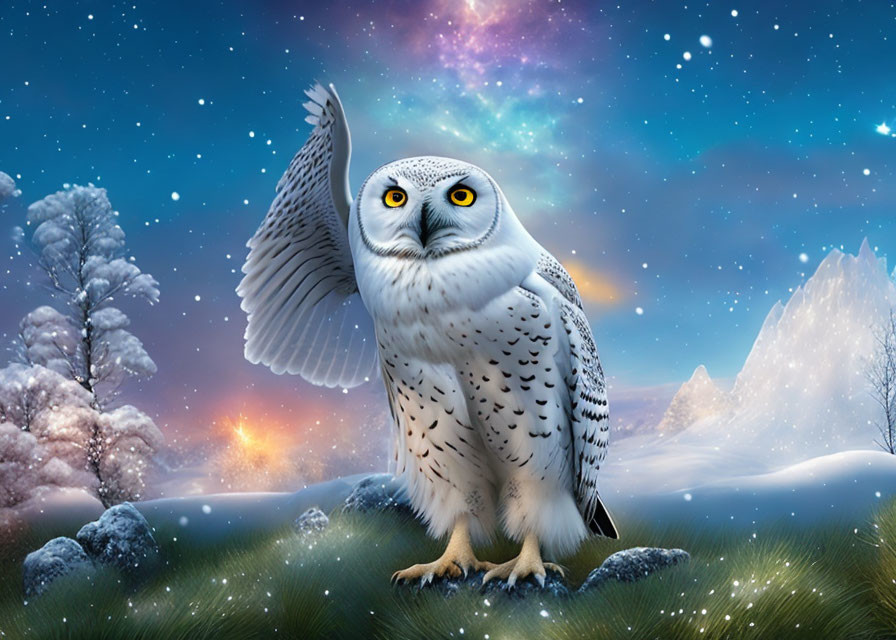 Snowy Owl with Striking Yellow Eyes in Mystical Winter Landscape