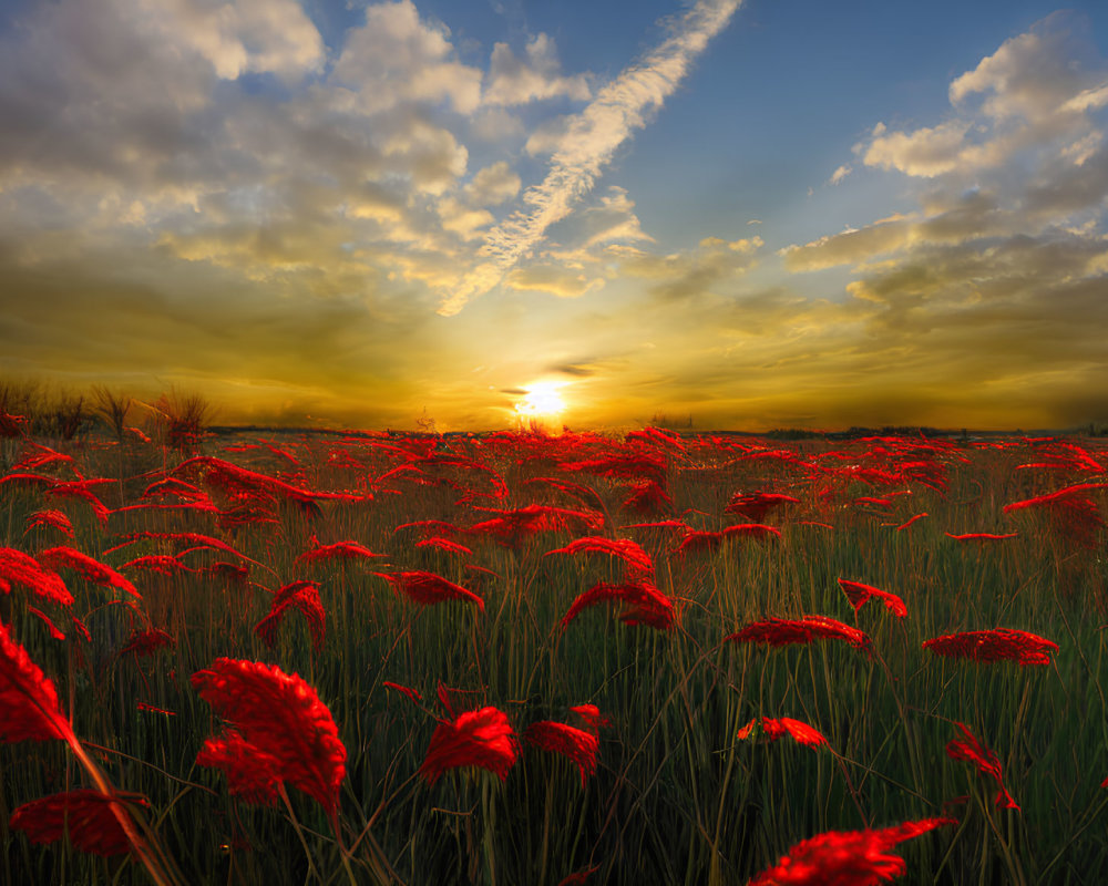 Colorful sunset over red flower field with dramatic clouds