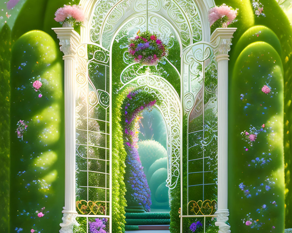 Enchanting garden gateway with lush green hedges and blooming flowers