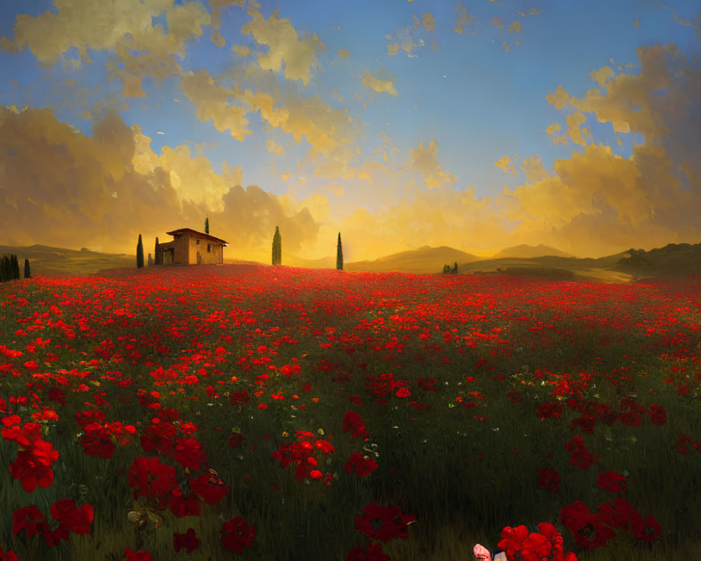 Panoramic sunset view of vibrant poppy field with rustic house and cypress trees