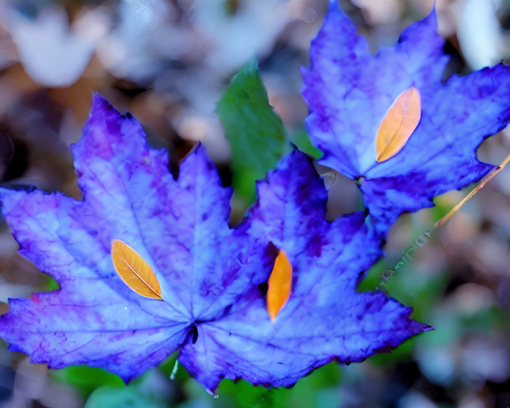 Three vivid purple flowers with orange-yellow centers on blurred natural backdrop