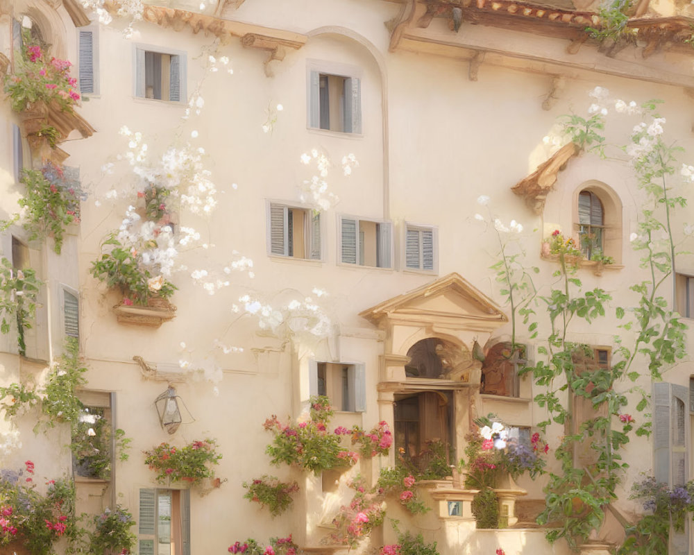 Sunlit View of Charming Old Building with Blooming Flowers