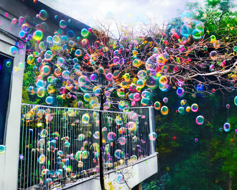 Colorful soap bubbles float by balcony with greenery, creating whimsical scene